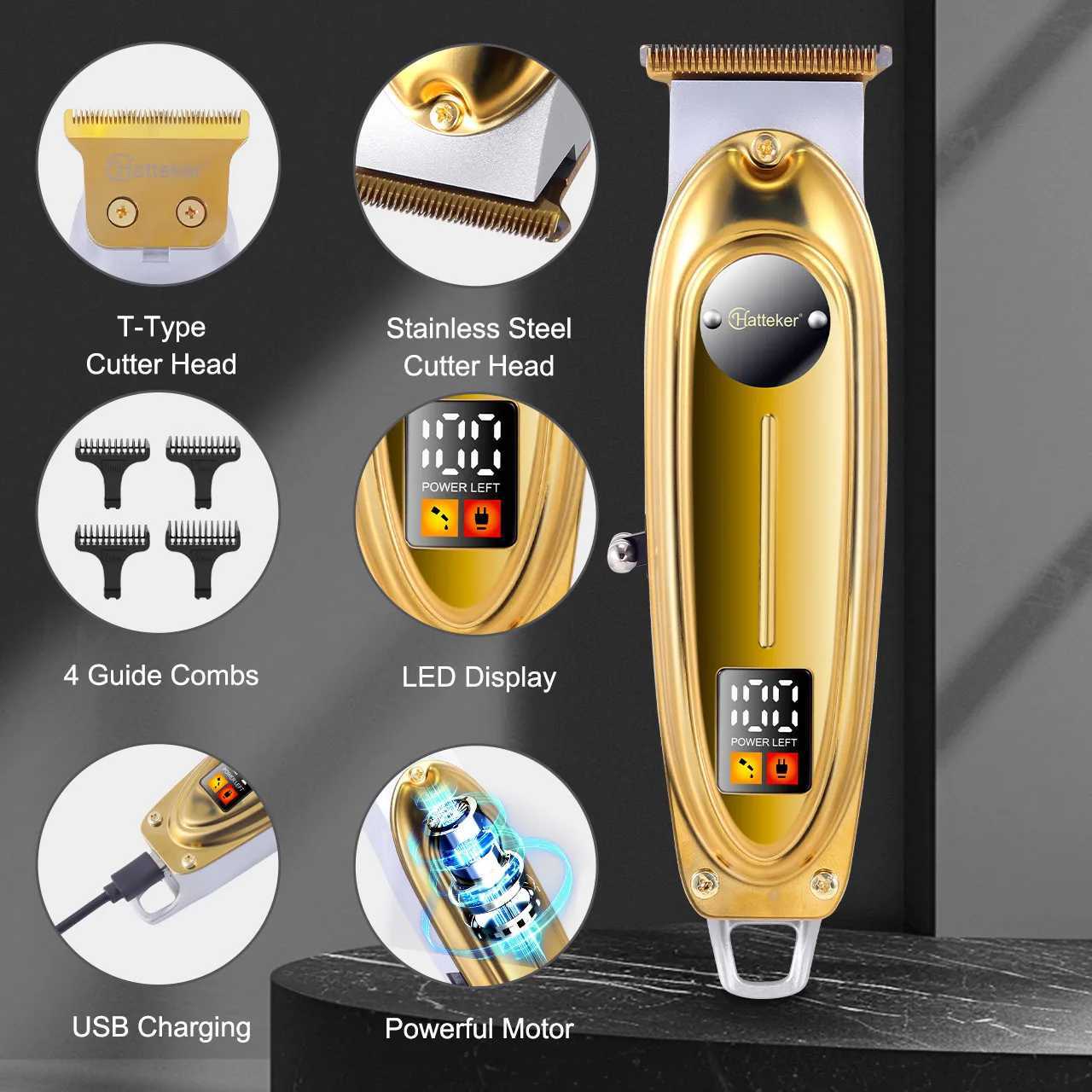 Hatteker Golden Professional Hair Trimmer LED Display Metal Hair Clipper USB Charging Electric Mens Hair Clipper Grooming KitT251120