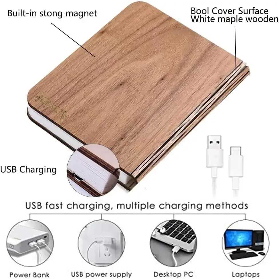 3D Folding Book Light LED Night Light 3-Color USB Charging Portable Wooden Magnetic Table Lamp Decoration Christmas Holiday Gift M251120