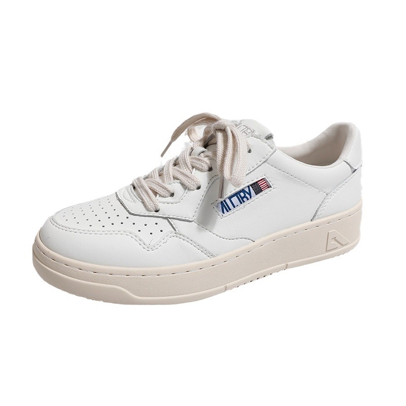 Women's Genuine Leather Platform White Sneakers Korean Niche Versatile Lace-Up Trainers Outdoor Board Shoes Platform Footwear