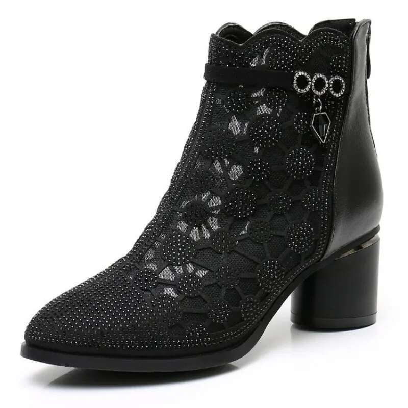 Women's Airy Mesh Breathable with Western Denim Mid Sleeves Square Toe Thick Heel Versatile Short Boots