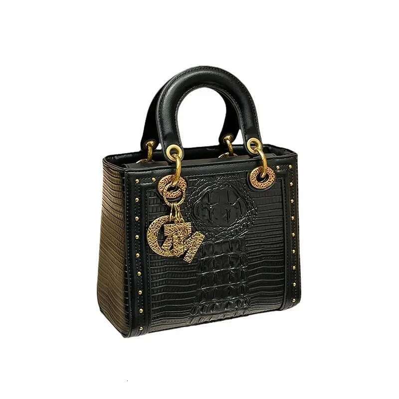 Designer bag handbags women New Arrival Crocodile Pattern Black PU Leather Handbag Luxury Small Top Handle Bag Rivets Decor Gold Charm