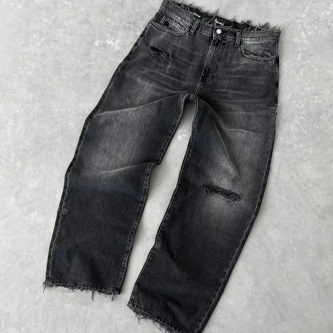 Straight Jeans Distressed Men Jean Ripped Holes Washed Denim Pants Ankle Length Loose Solid Zipper Fly Pockets Casual 251218