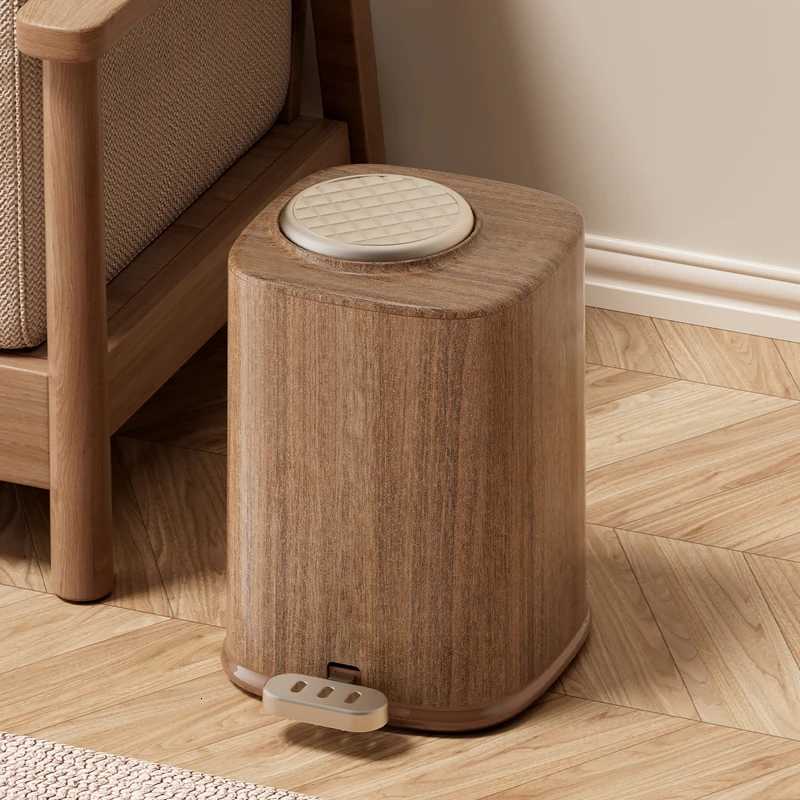 Uforu Large Capacity Living Room Wood Grain Plastic Trash Can with Lid Foot Pedal Top Press Double Opening Anti-Odor C251120