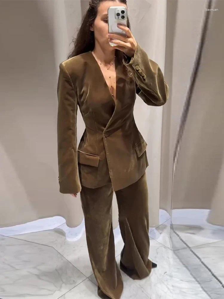Womens Velvet Two-Piece Suit Casual Wide Leg Pants & V-Neck Single Button Blazer Set - Fashionable Workwear for Women 2025 C260312