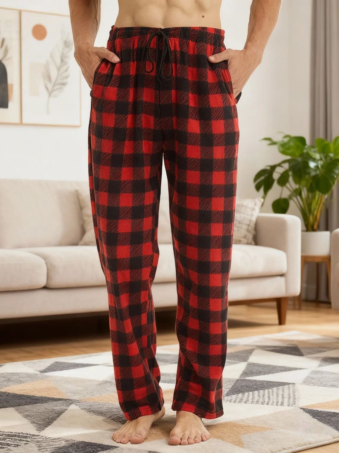 Mens Christmas Pajama Pants Winter Bottoms Fleece Lounge Sleepwear Lightweight Plaid pj with Pockets Microfleece 251111