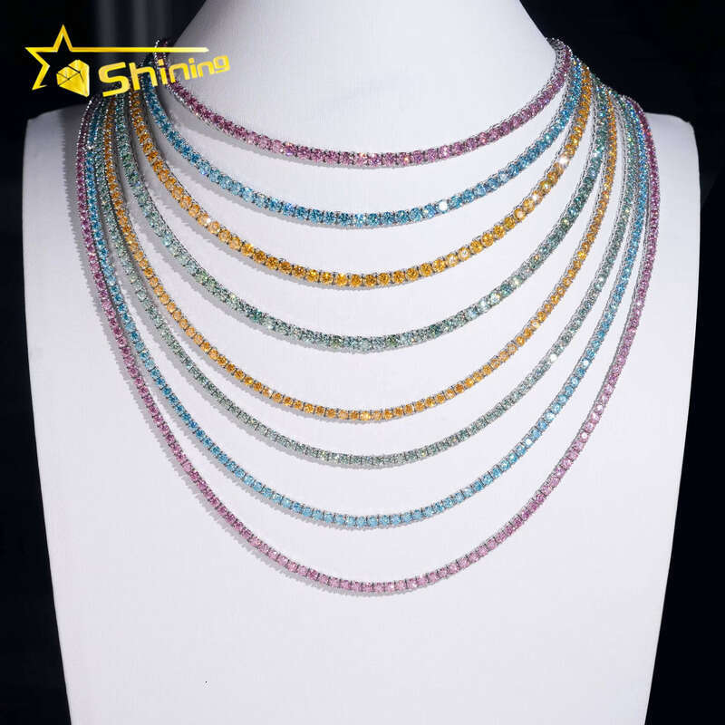 Pass Tester Hip-Hop 3mm 4mm Blue Green Pink Gold Sier Chalcedony Tennis Chain