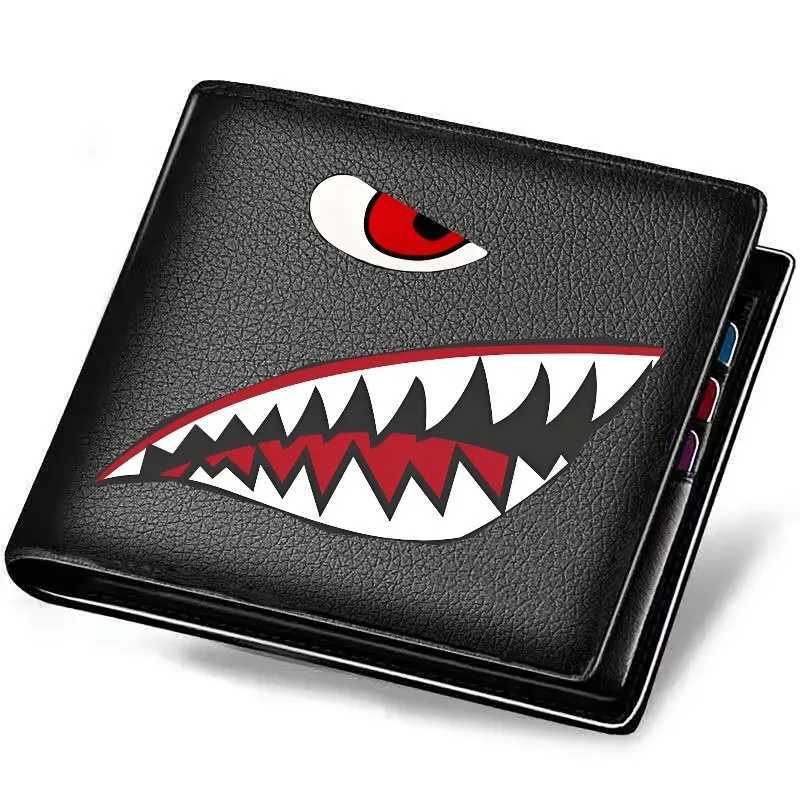 Mens Black Faux Leather Wallet with Shark Mouth Design Slim Credit Card Holder Coin Purse Multi-Color Pen Storage Perfect GiftW251120