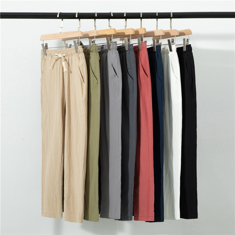 Summer Mens Thin Casual Linen Pants Trendy Youth Loose Fashion Solid Color Cotton and Hemp Haren Nine Part Pants 201031