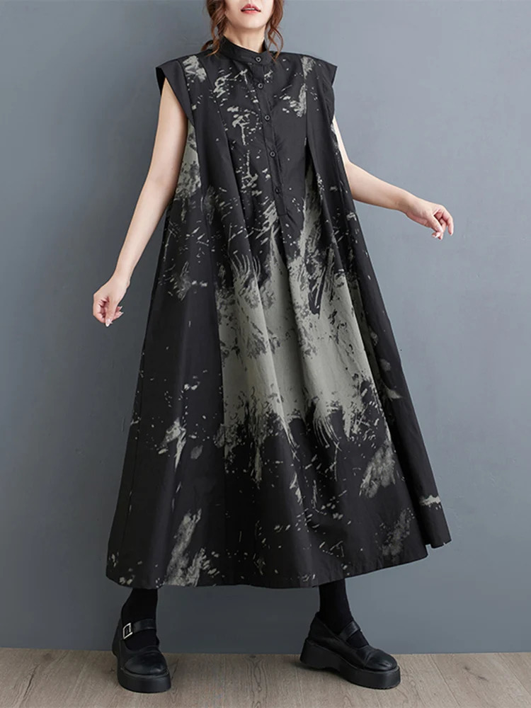 Summer Black Retro Printed Sleeveless Womens Stand Collar Loose Casual Long Skirt Fashionable and Elegant Clothing 250420