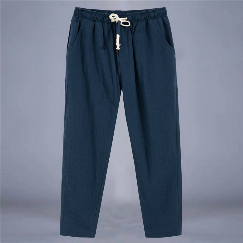 Summer Mens Thin Casual Linen Pants Trendy Youth Loose Fashion Solid Color Cotton and Hemp Haren Nine Part Pants 201031