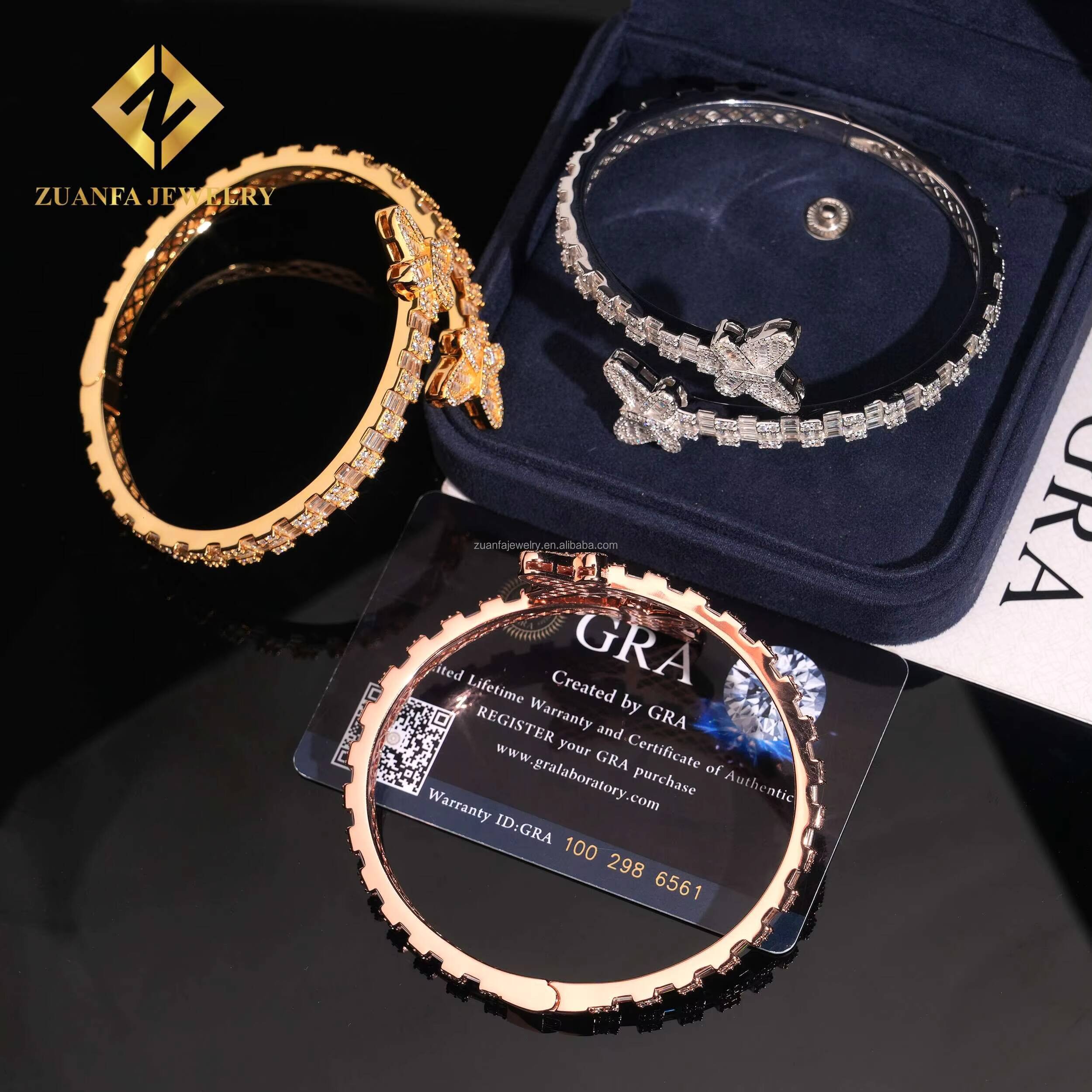 Fashion Drop Shipping Butterfly Rapper Jewelry Luxury Iced Out Hip Hop S925 Silver Baguette Moissanite Diamond Bangle Bracelet