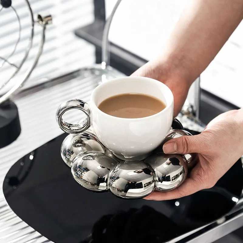 New INS Electroplated Silver Coffee Mugs With Saucer Tea Cup Water Drinking Cups Dessert Dish Breakfast Milk Mug With Tray T260428