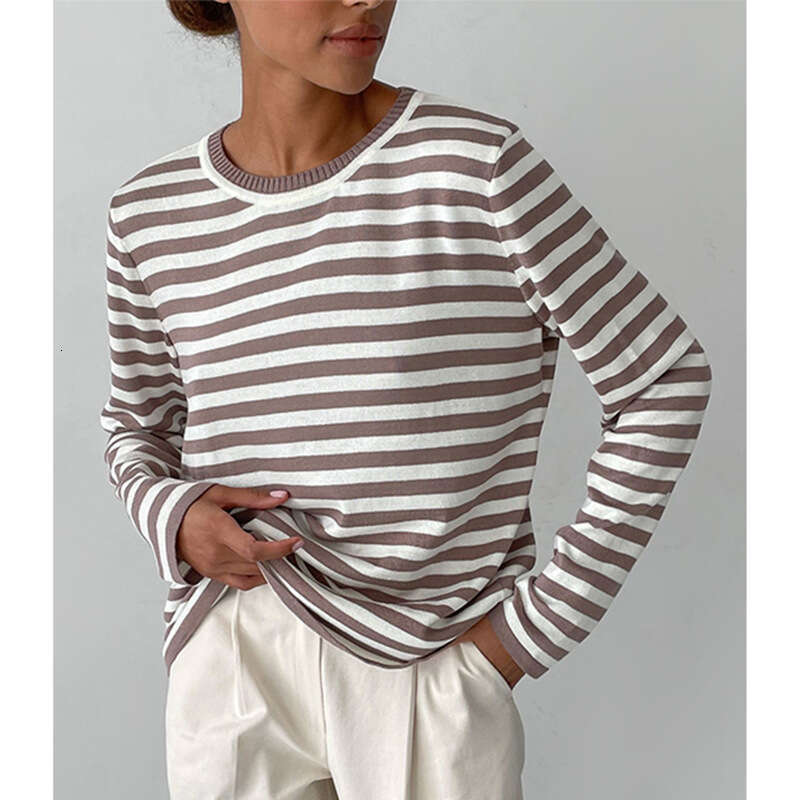 hoodie Women's Wear Round Neck Knitted Spring , Versatile Classic Striped Pullover Sweater For Women jacket
