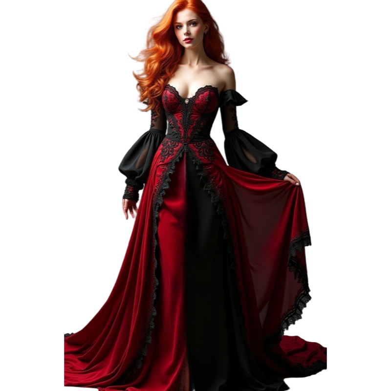 Vintage Black And Red Gothic Prom Dress Sweetheart Lantern Long Sleeves Off Shoulder Corset Medieval Evening Gowns Lace Appliques Contrast Color Vesti