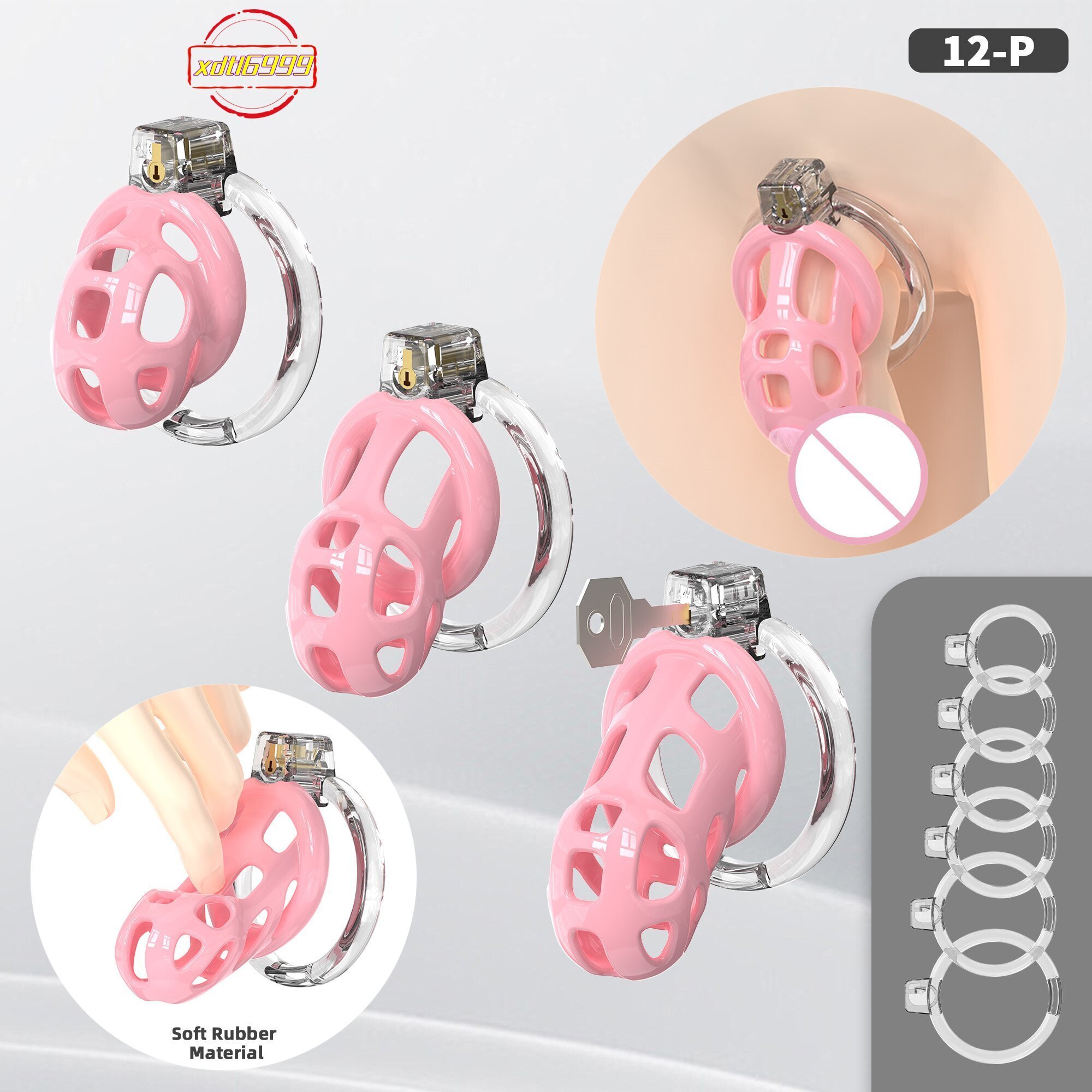 YPM Male Cock Cage with a Soft Surface Pearl pink TPE Material Chastity Device with 6 Sizes Rings for Sissy Men Bondage