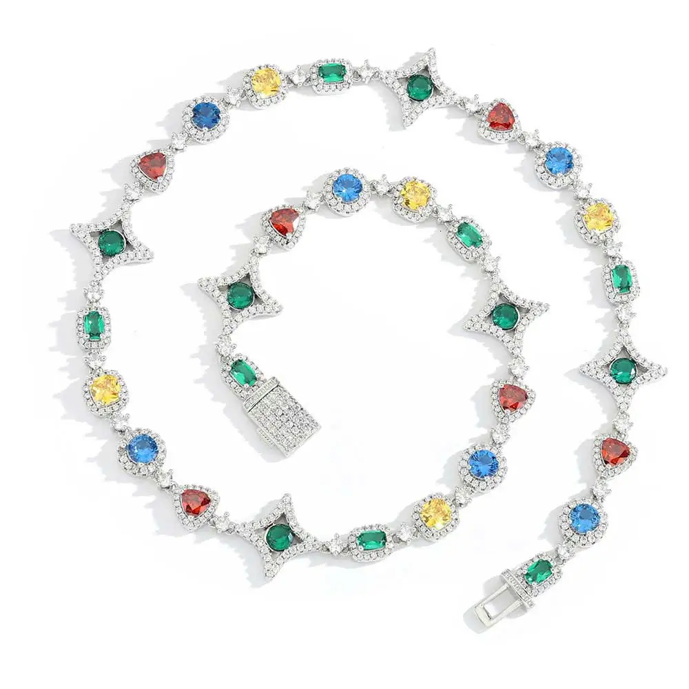 Hip hop jewelry fashion colored zircon ice out necklace womens crystal gemstone chain bracelet platinum goldplated 250420