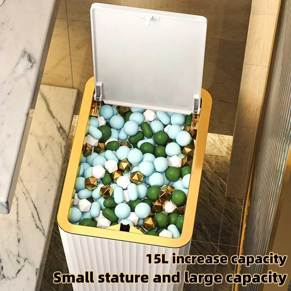 15L Nordic Gold Bathroom Trash Can Covered Slim Trash Can with One-Touch Lid for Bathroom Toilet Living Room Kitchen Bedroom C251120