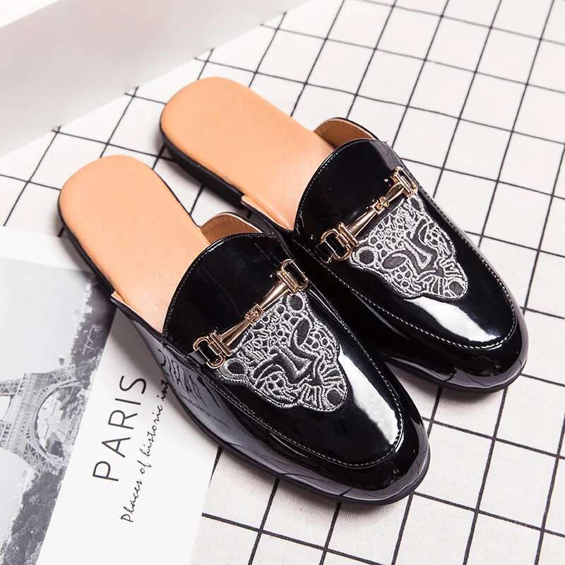 Bean Shiny Semi Slipper Leather Toe Cap Slippers Casual Men's Fashionable Embroidered Shoes