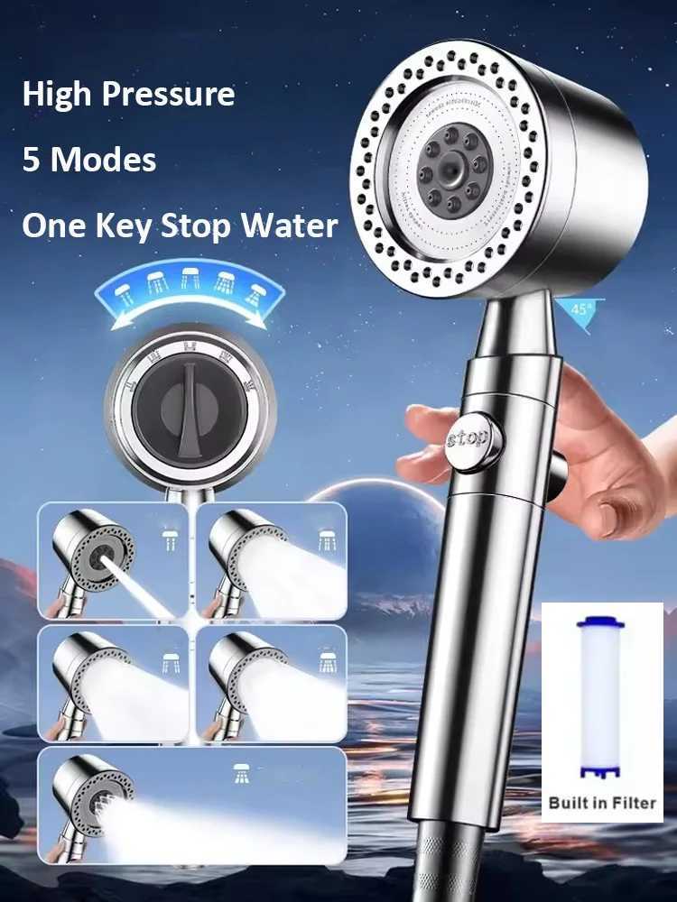 New 5 Mode Pressurized Shower Head With Filter Stop Button Water Saving Spray Nozzles Big Boost Showerhead Bathroom AccessoriesM251120