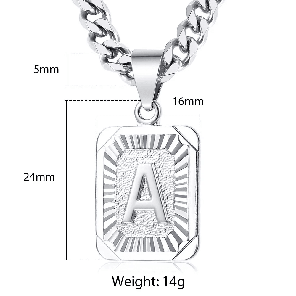 Stainless Steel A-Z Letter Necklace For Men Women Square Name Initial Pendant With 5mm Curb Cuban Chain