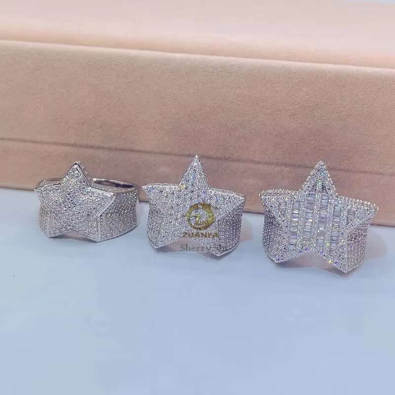 Sterling Silver 925 White Gold Plated Iced Out Hip Hop Men Fashion Vvs Moissanite Star Ring