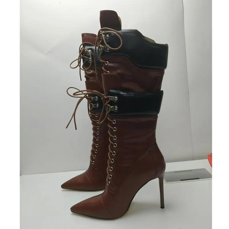 Autumn Womens Winter High Boots Lace Top Corner Toe Thin Botas Inkless Double layer Sexy Small Leg 250420
