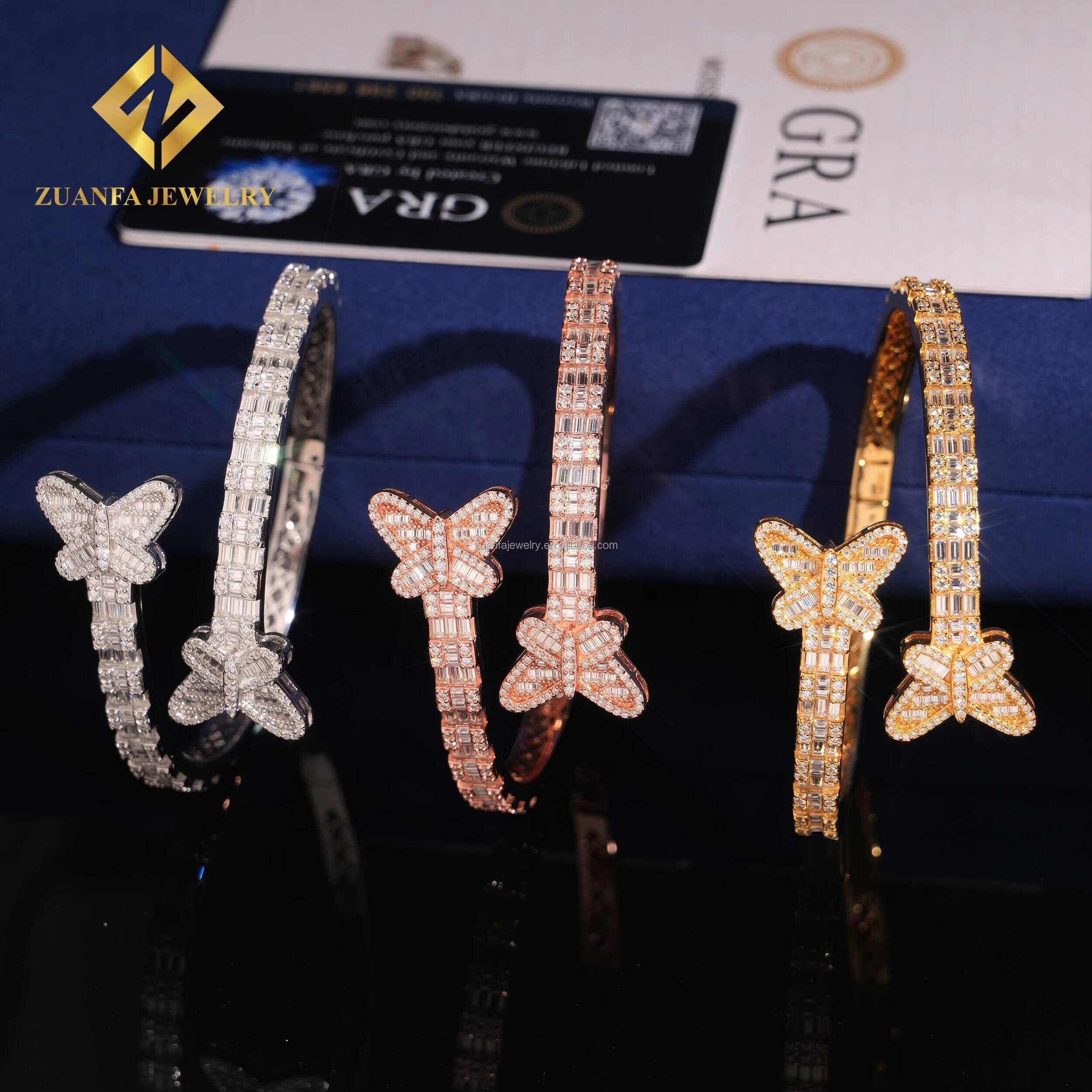 Fashion Drop Shipping Butterfly Rapper Jewelry Luxury Iced Out Hip Hop S925 Silver Baguette Moissanite Diamond Bangle Bracelet