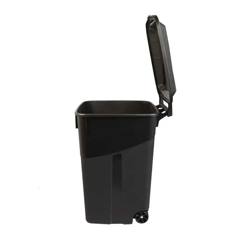Durable 45 Gallon Plastic Garbage Can with Attached Lid and Wheels Black 2 Pack C251120