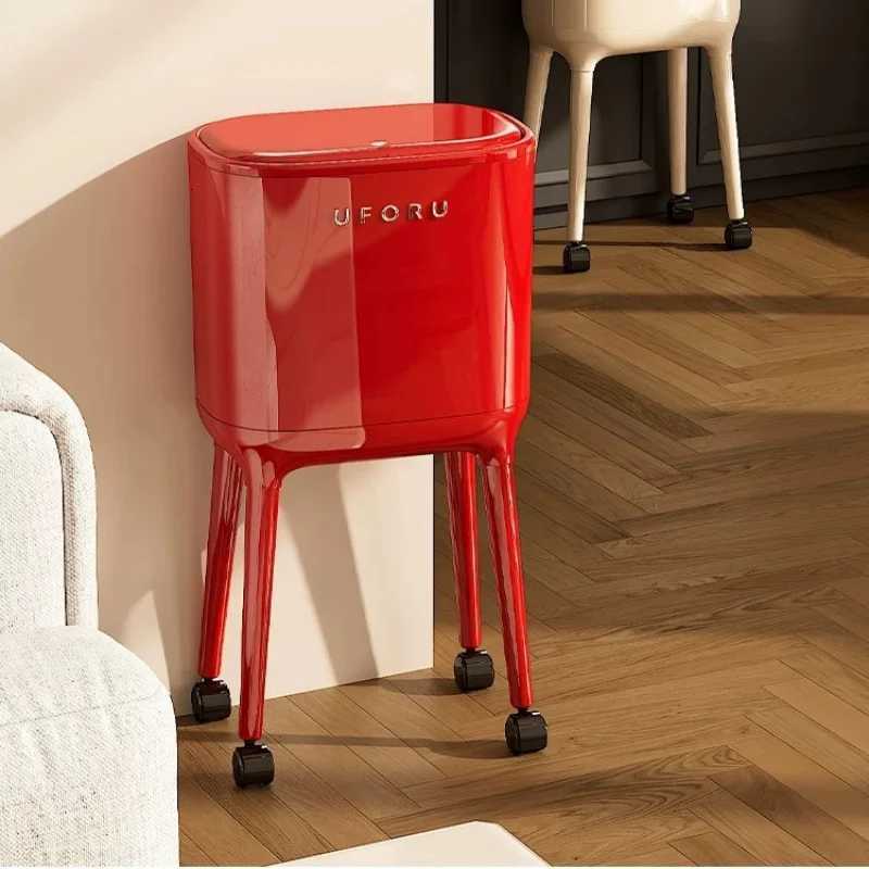 Bend-free High-leg Trash Can With Press-to-open Lid - Large-capacity Oval Kitchen Living Room Garbage Bin Featuring A Red Mod C251120