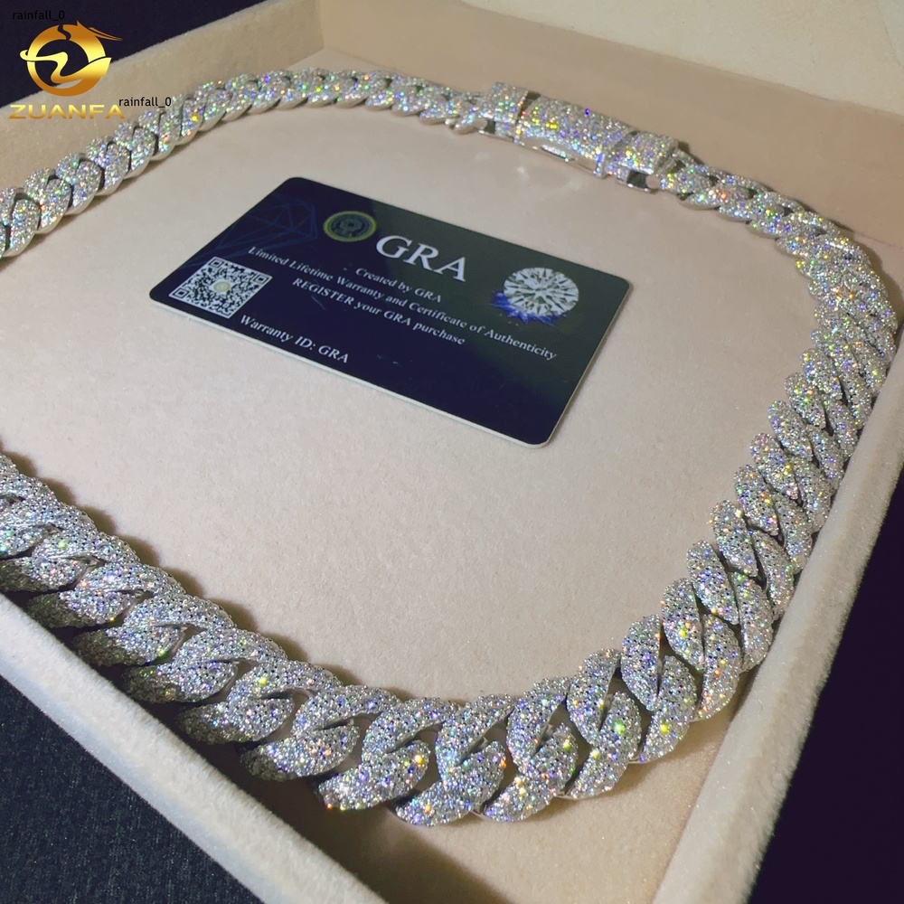 Hip Hop Jewelry Men Cuban Necklace Sterling Silver 925 D Color VVS Moissanite Diamond 15MM Width Cuban Link Chain