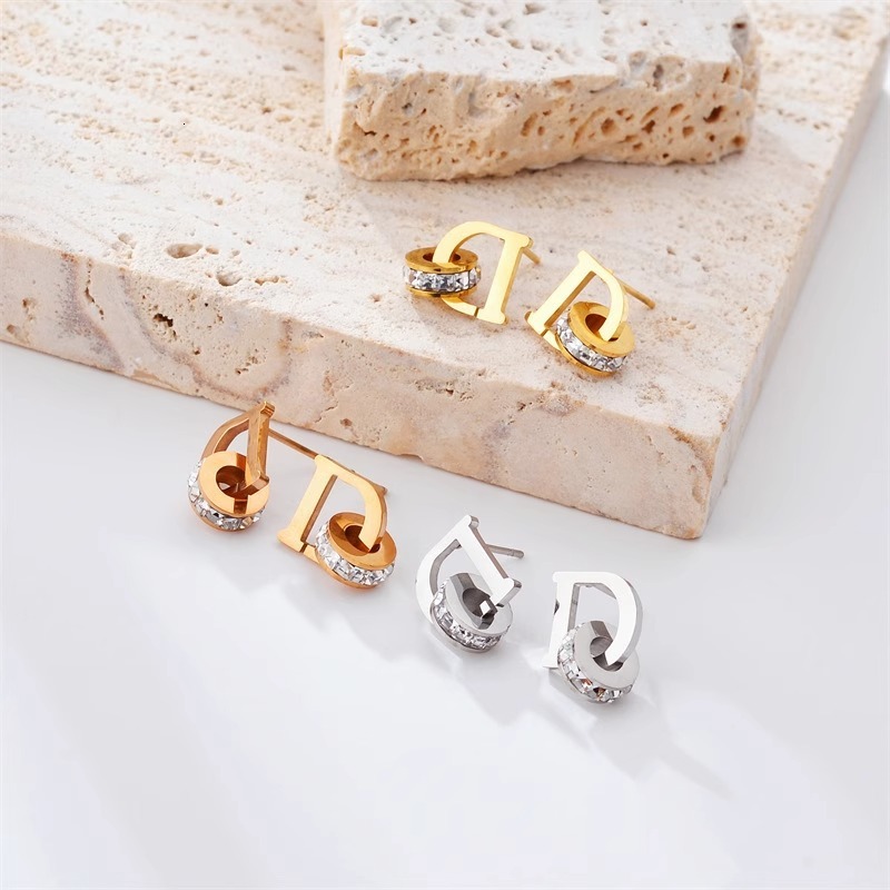 Luxury Brand Designer Jewelry Korean Style Letter D Square Diamond Earrings Dynamic Double Ring Rose Gold Titanium Steel Earrings Real Gold Plating Te