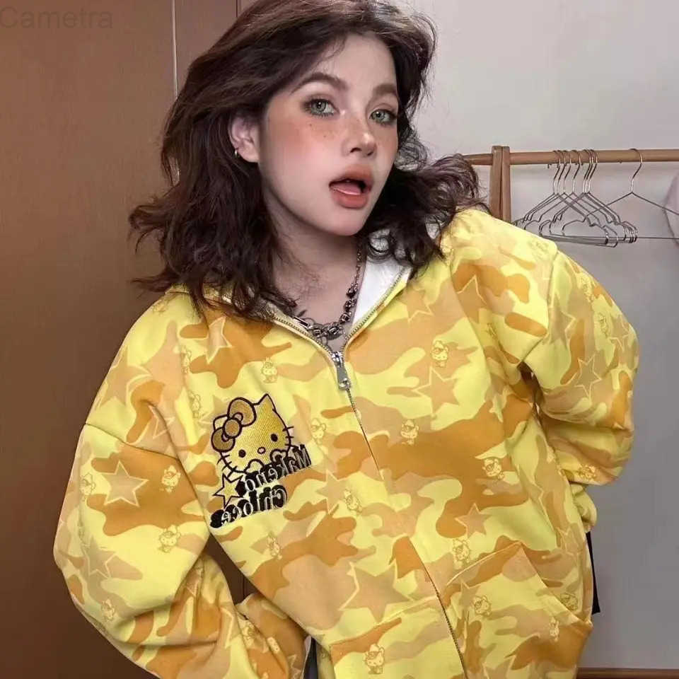 Sanrio Cartoon Hello Kitty Hooded Zipper Sweater Kawaii Y2K Couple Cardigan Pure Cotton Camouflage Jacket Trendy Christmas Gift H251120