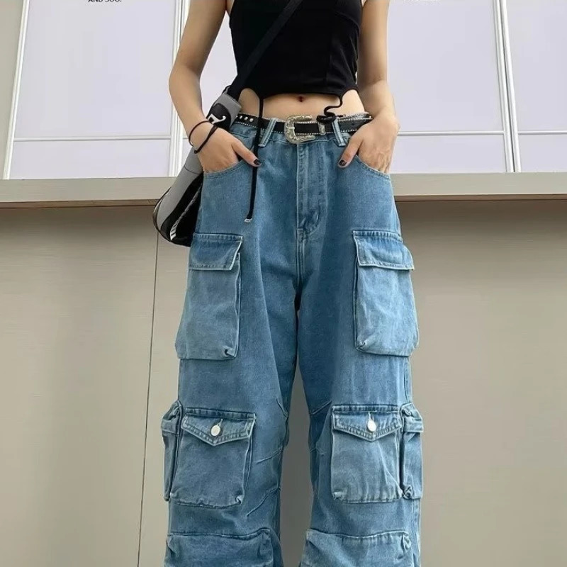 Fashion womens denim workwear Street style black and gray multi pocket jeans American casual high waisted functional n 250420