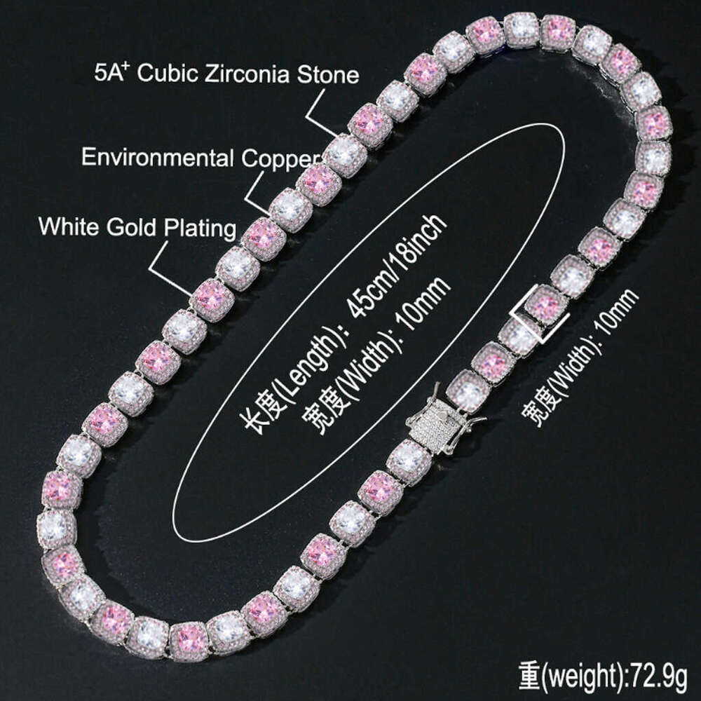 Designer Luxury 10mm square pink white rock sugar real gold plated ice VVS Moissanite collarbone chain Hip Hop necklace Free delivery