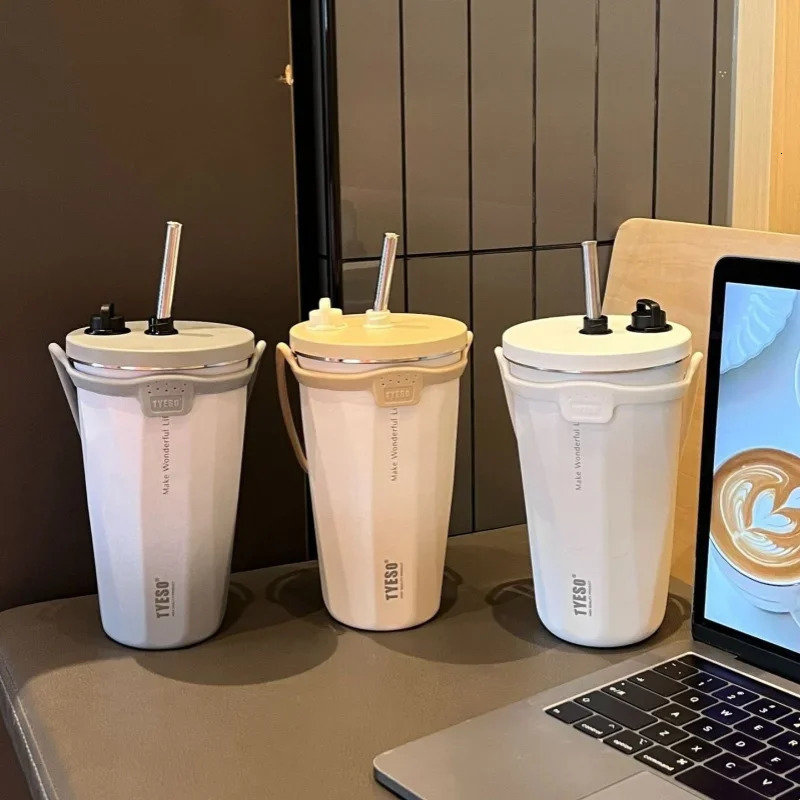 Stainless Steel Coffee Cups Vacuum Insulated Mugs Portable Large Capacity Ice Bar Thermal with Silicone Rope Straw Water Cup 251114 W260226