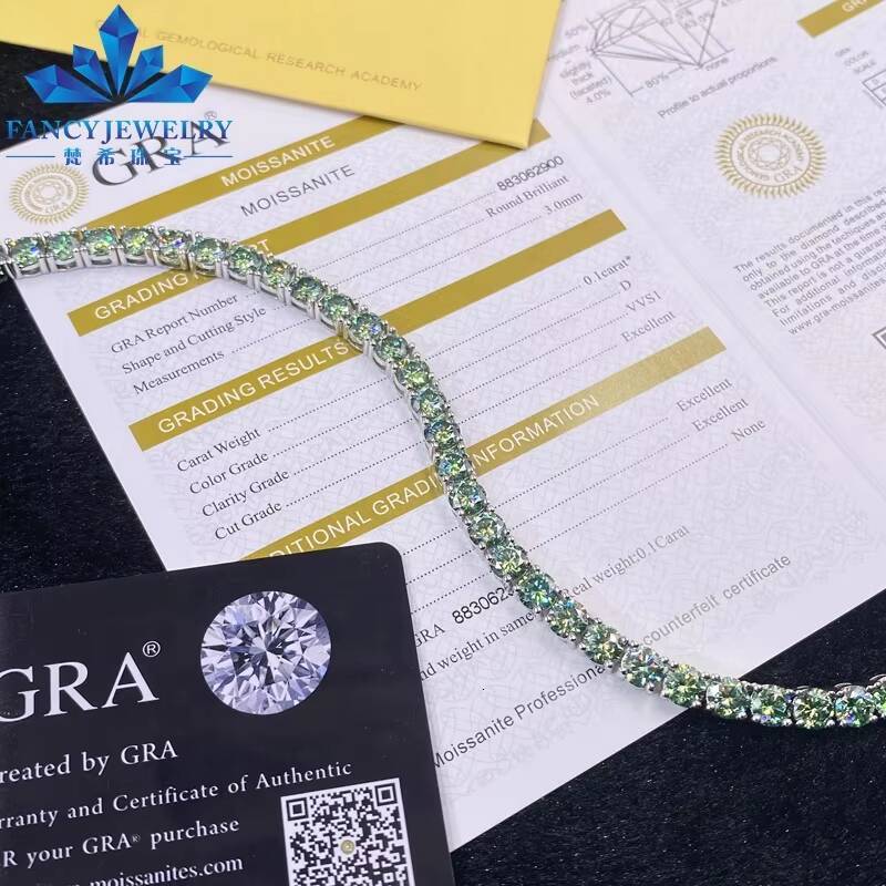 Gra Certified Moissanite Tennis Bracelet Chain Pass Diamond Tester 925 Silver 3mm 4mm Womens Blue Green Moissanite Tennis Chain