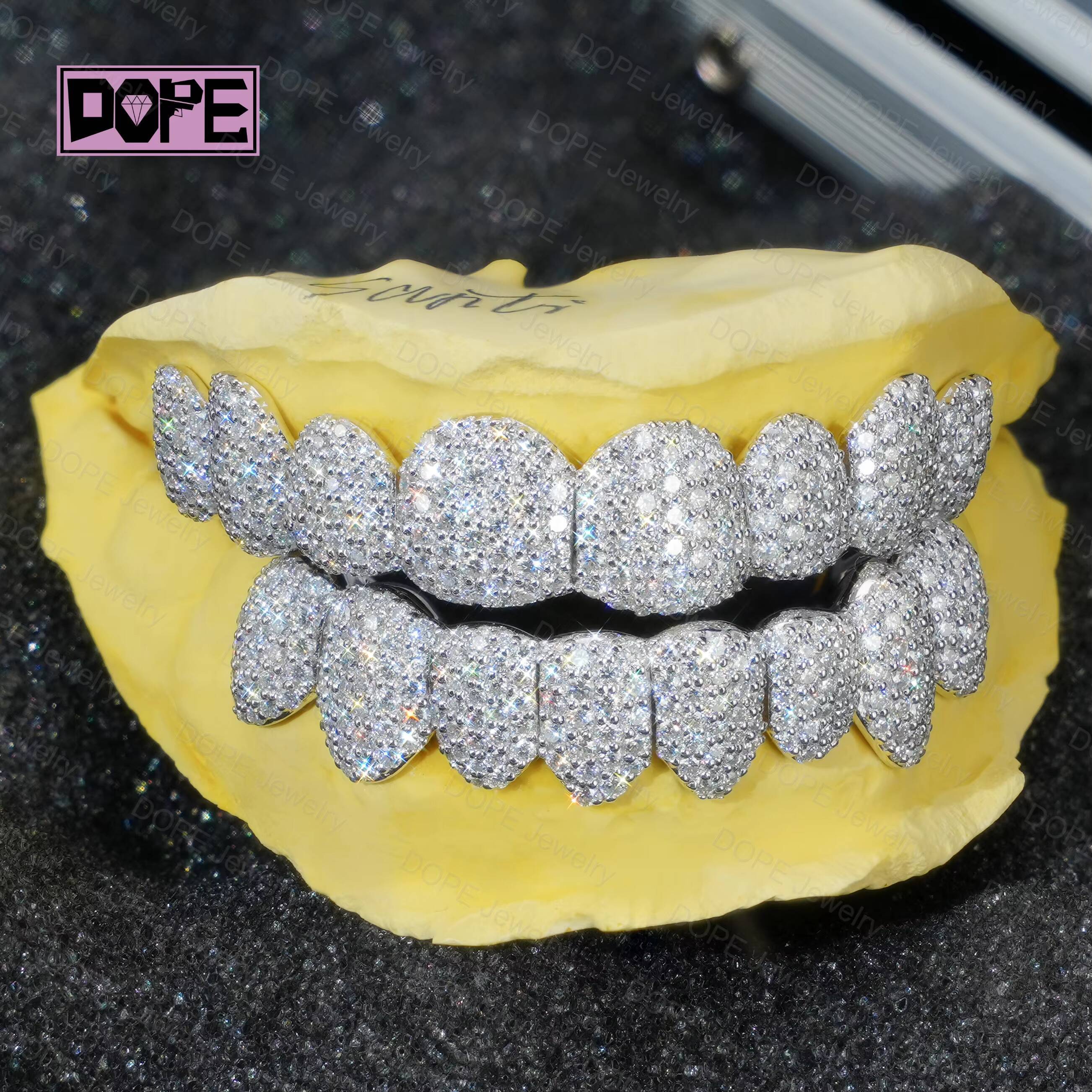 Buss Down Hip Hop Custom Grillz 925 Silver Honeycomb Setting Iced Out 8 on 8 VVS Moissanite Grillz for Teeth