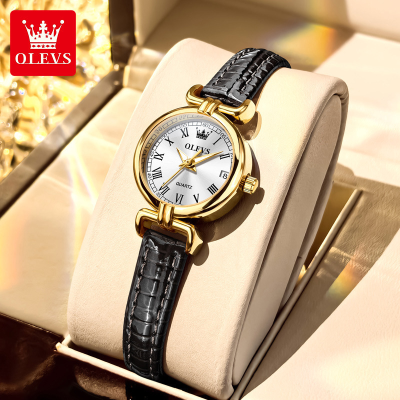 OLEVS Designer Ladies' Round Retro Leather Strap Small Gold Watch Waterproof Quartz Watch Women's Hand Luxury Watch Free Delivery And Wholes
