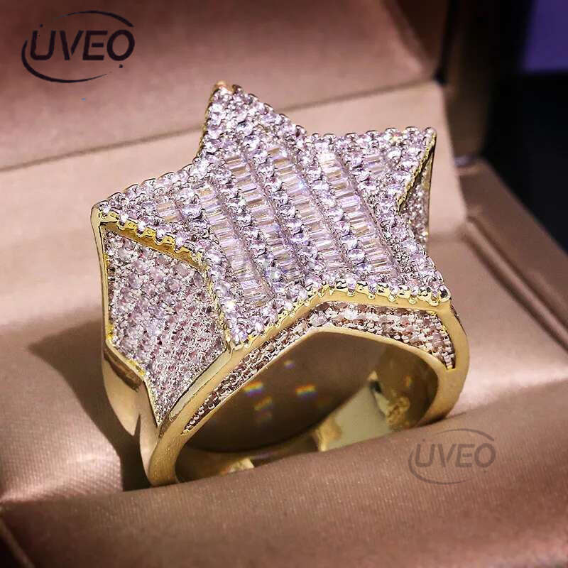 Men's Iced Gold Pentacle Ice Out VVS Moissanite All-Gem Ring Hip Hop Ring Jewelry Free shipping