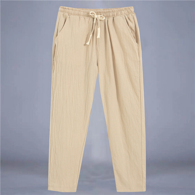 Summer Mens Thin Casual Linen Pants Trendy Youth Loose Fashion Solid Color Cotton and Hemp Haren Nine Part Pants 201031