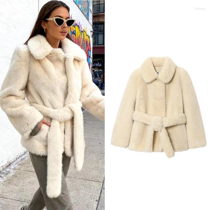 Women's Jackets NERHEFZ Women Faux Fur Coat With Belted Autumn Lapel Collar Long Sleeve Short Jacket Fashion Female Coats Lady Chic Tops