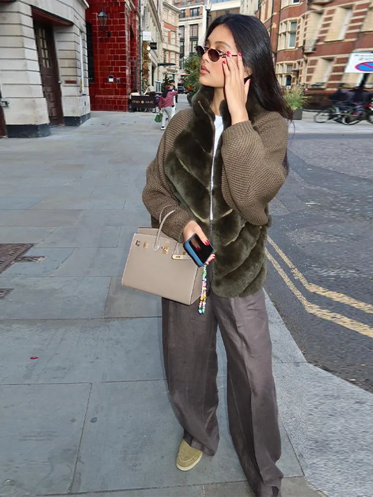 Chic Faux Fur Patchwork Coat Women Knitted Sleeves Stand Collar Zipper Sweater Female 2025 Autumn Winter Casual Lady Cardigan251120