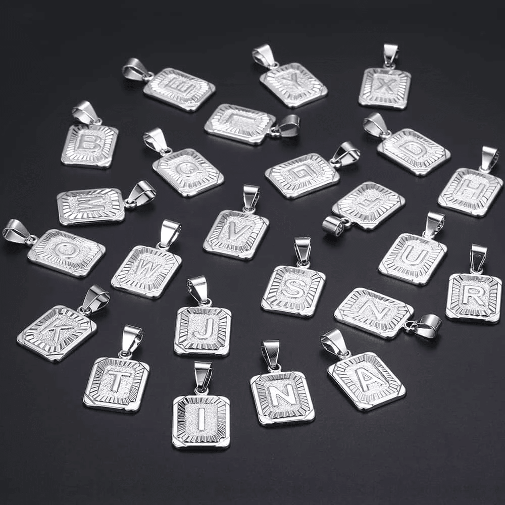 Stainless Steel A-Z Letter Necklace For Men Women Square Name Initial Pendant With 5mm Curb Cuban Chain