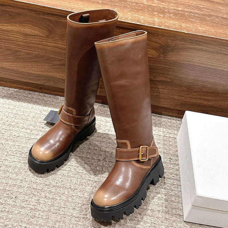 High quality Classi New Casual Metal buckle Suede Knee Boots Flat heels Knight boots Fashion Round toe long Boots Luxury Designer Boots women Factory footwear box