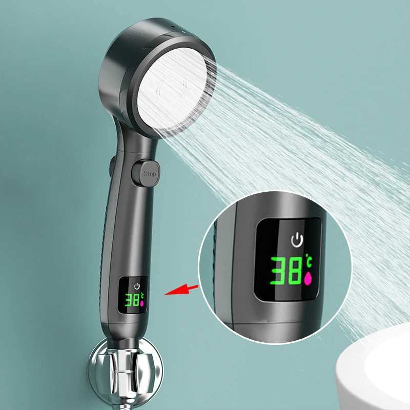 Intelligent Temperature Display LED Shower Head High Pressure 4 Modes Adjustable Rainfall Shower Water Saving Bathroom AcessoryM251120