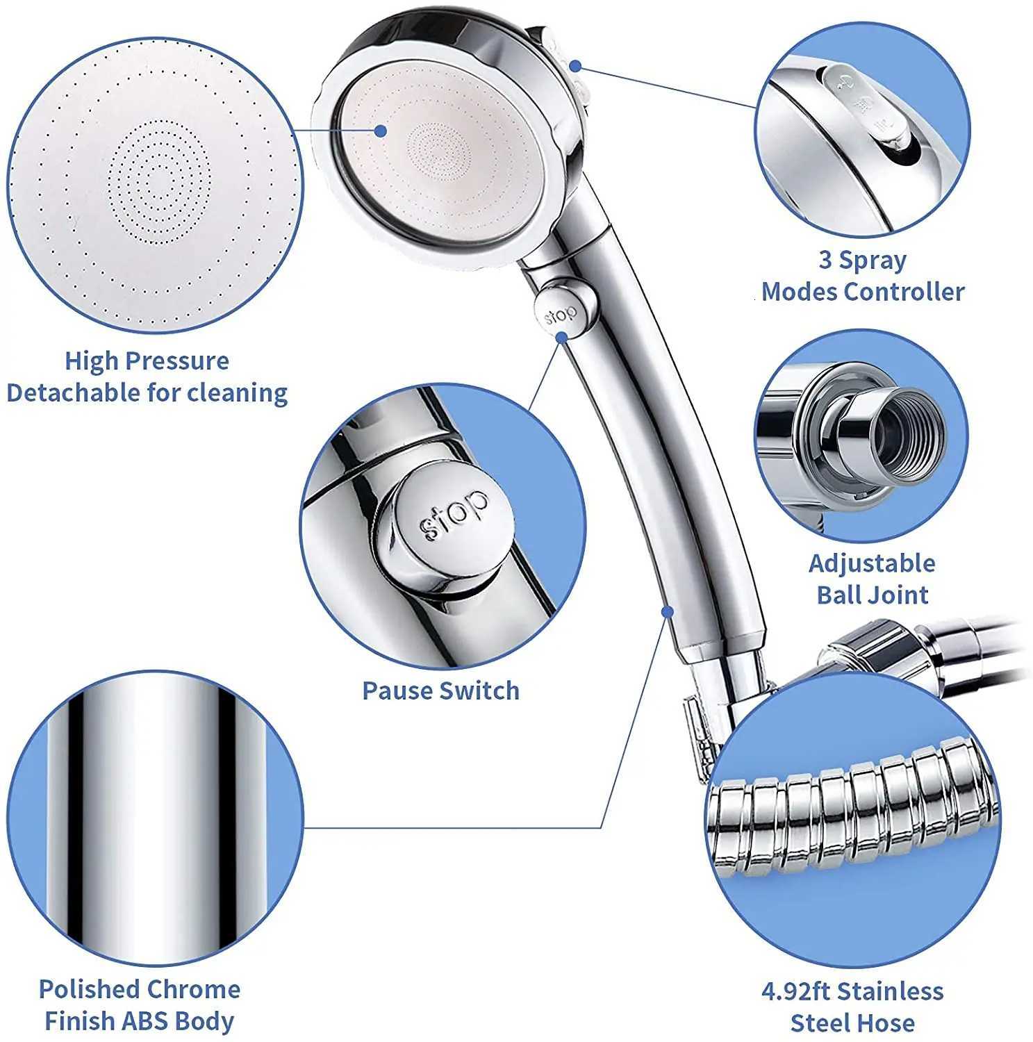 High Pressure 3 Modes Adjustable Shower Head One Key Stop Water Saving Sprayer Rainfall Bath Showerhead Bathroom AccessoriesM251120