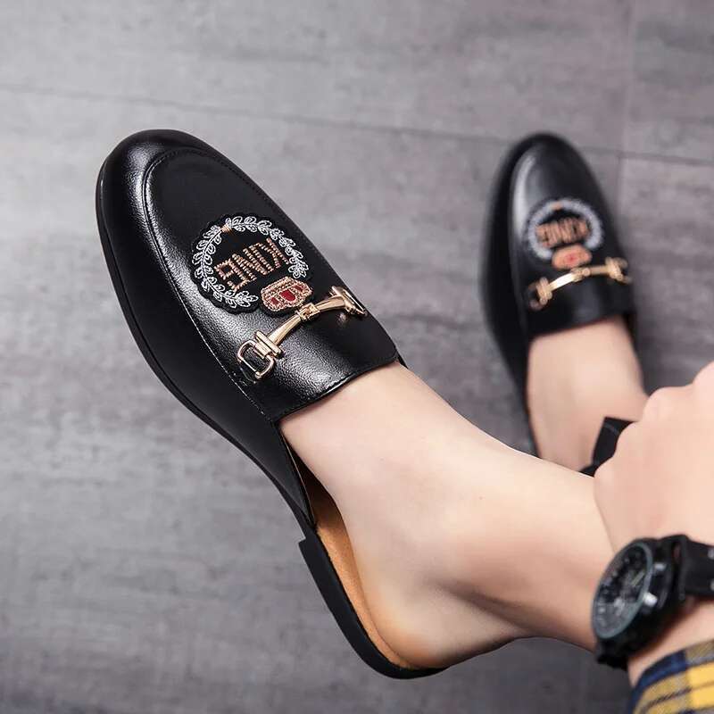 Bean Shiny Semi Slipper Leather Toe Cap Slippers Casual Men's Fashionable Embroidered Shoes