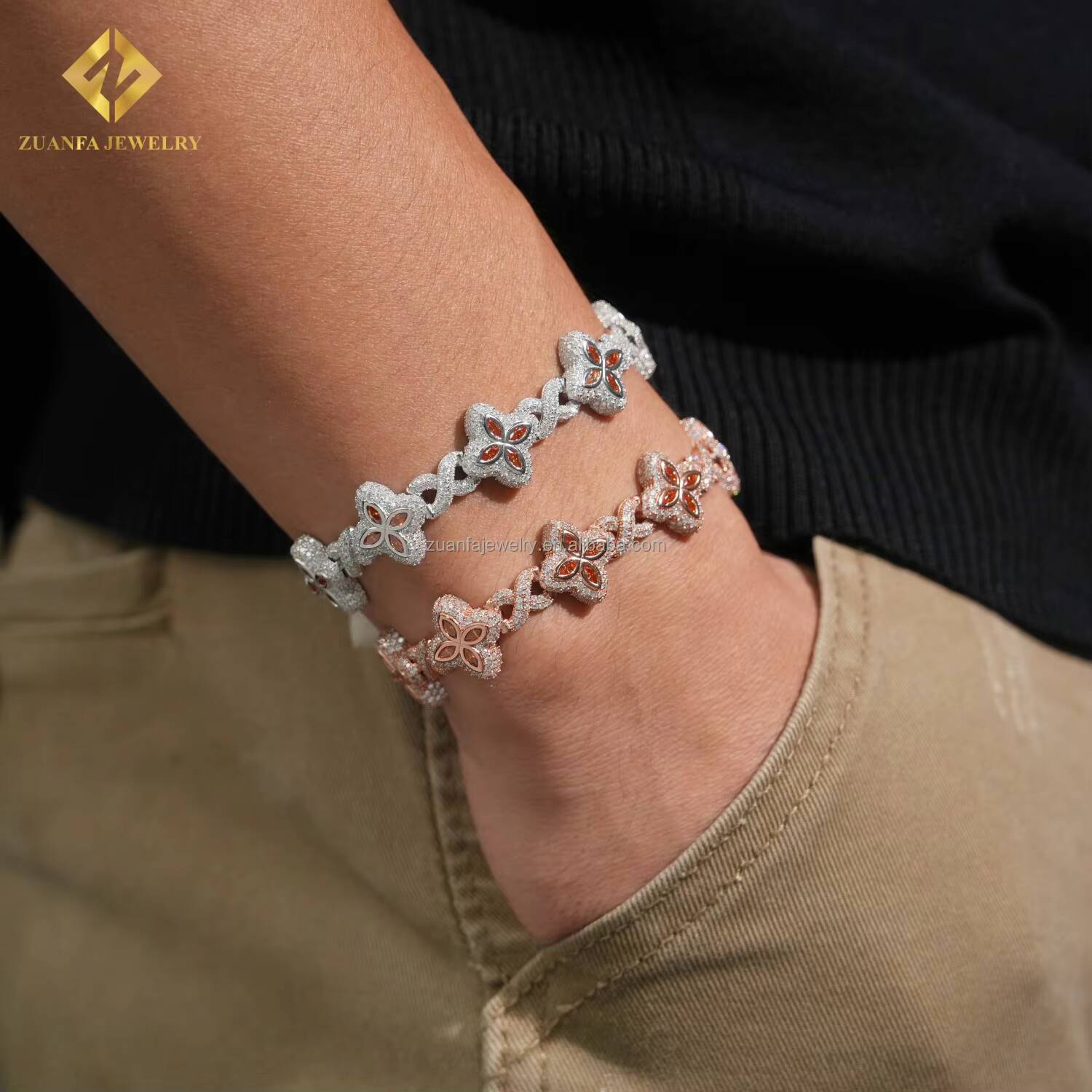 Fashion Style Unique Design Iced Out Hip Hop Jewelry S925 Silver Orange Moissanite Diamond Cleef Clover Infinity Cuban Bracelet