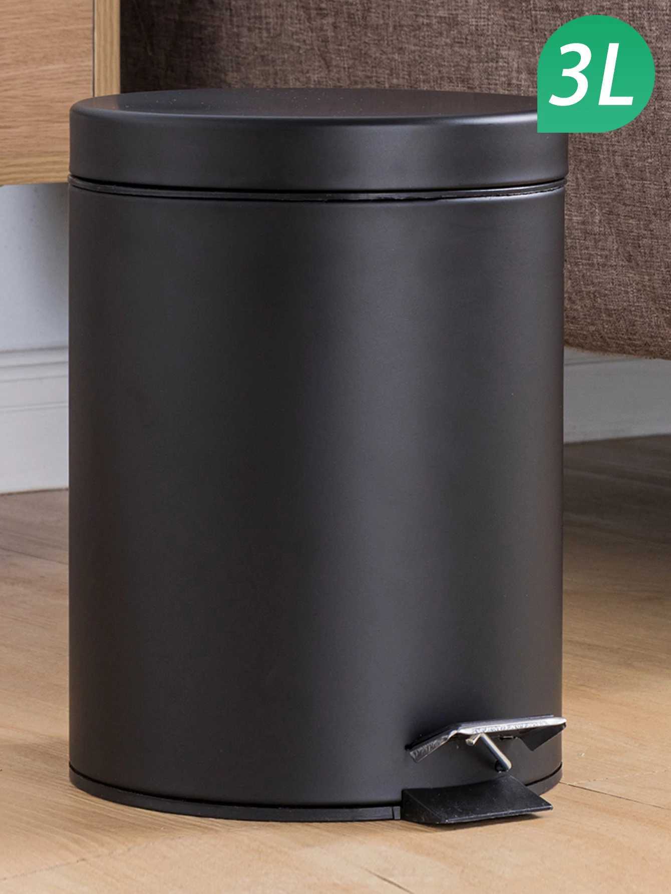 3L Mini Black Round Lidded Step Trash Can Compact Garbage Bin with Removable Liner Bucket and Handle School Bathroom Kitchen C251120