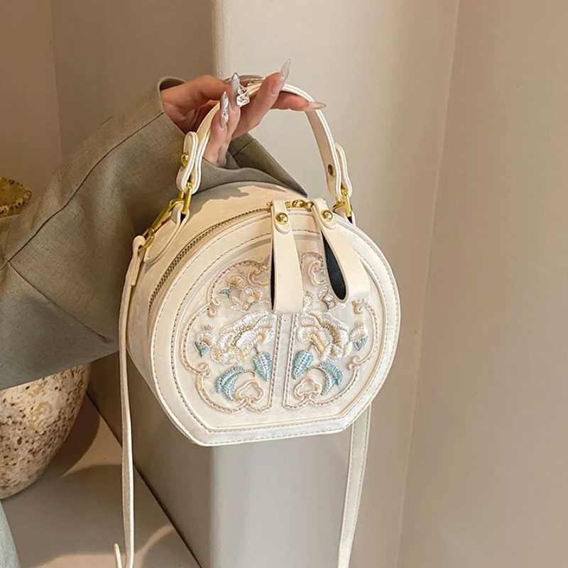 Elegant Embroidery Small Round Bag PU Material New Wens Artistic Niche Creative Design Crossbody Bag Ethnic Style Handbag Y251120